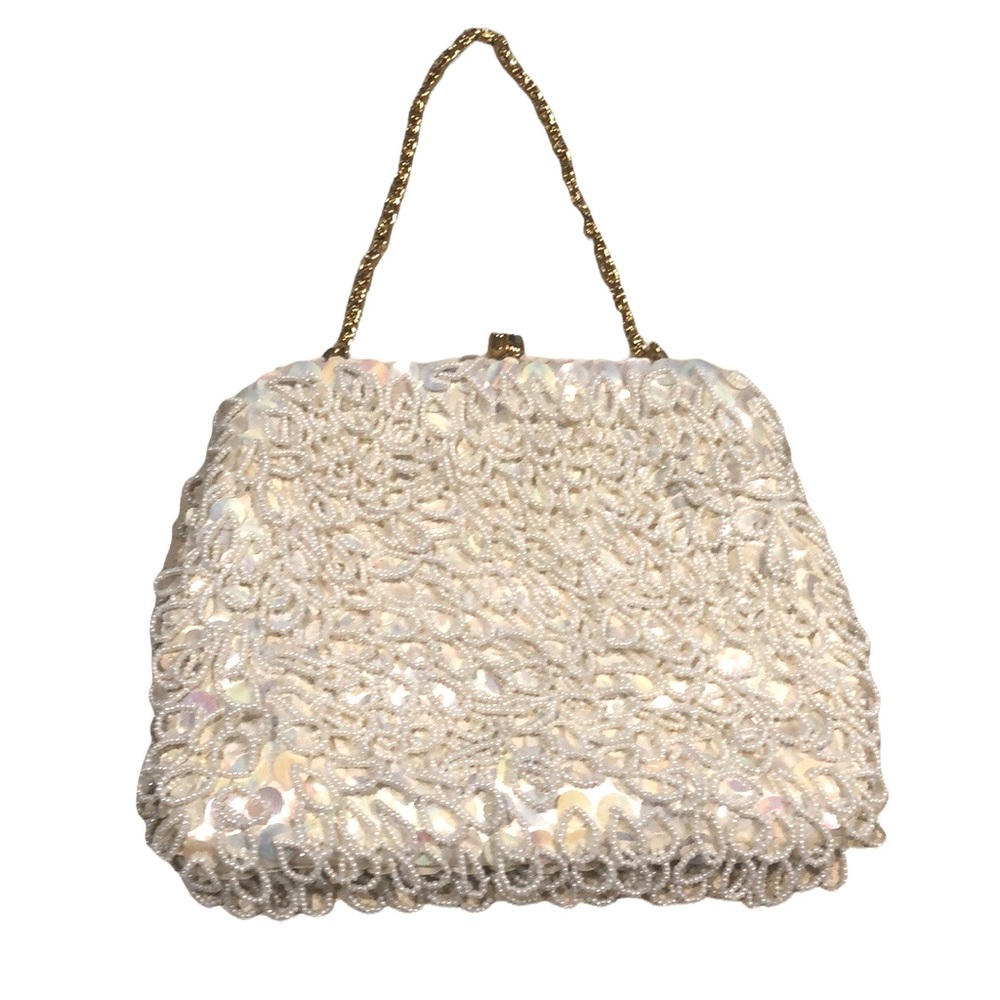 HAND MADE SEQUIN AND BEADED CLUTCH WHITE WITH GOLD TONE HARDWARE AND CHAIN STRAP